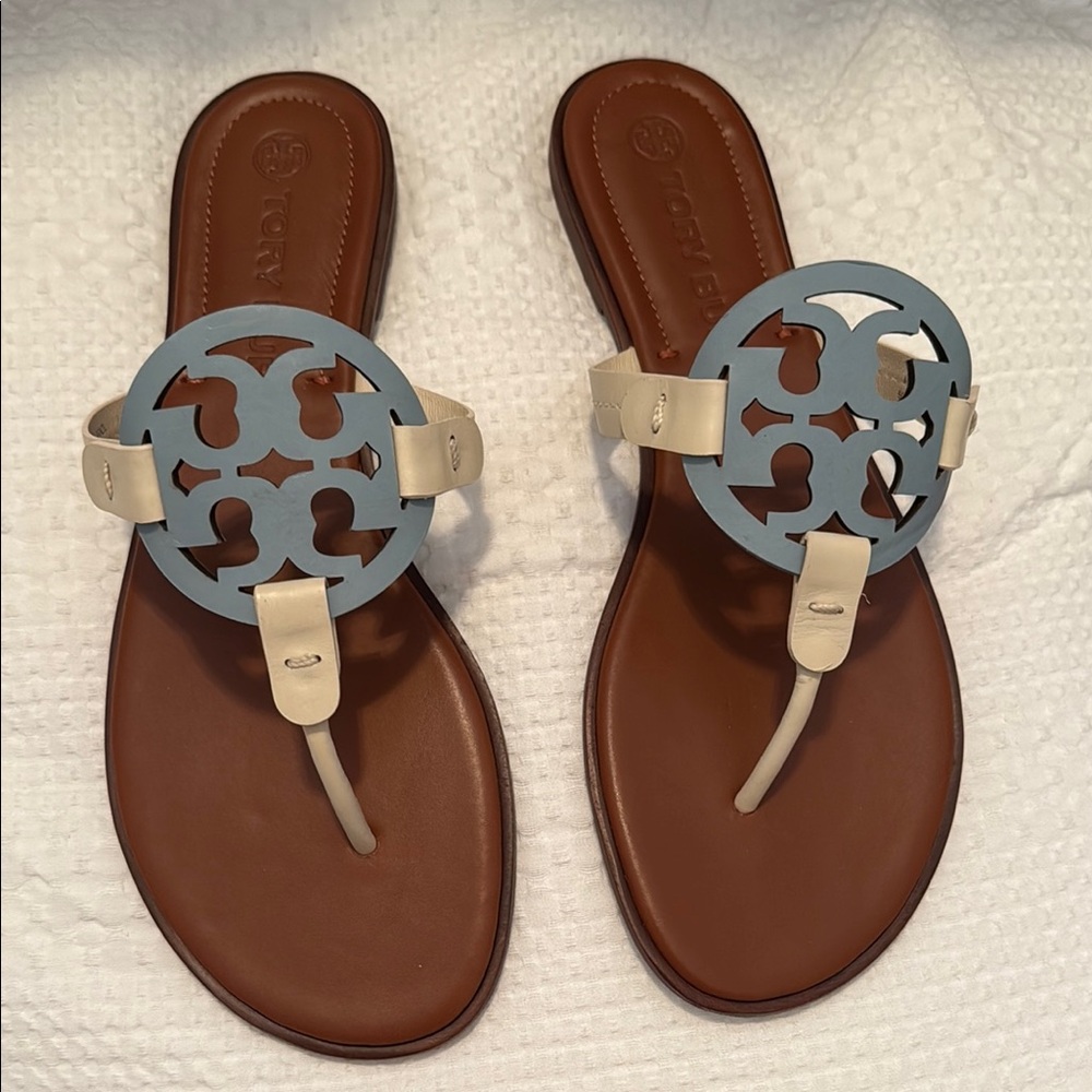 Tory Burch Miller Blue and Cream Sandals with Signature Medallion